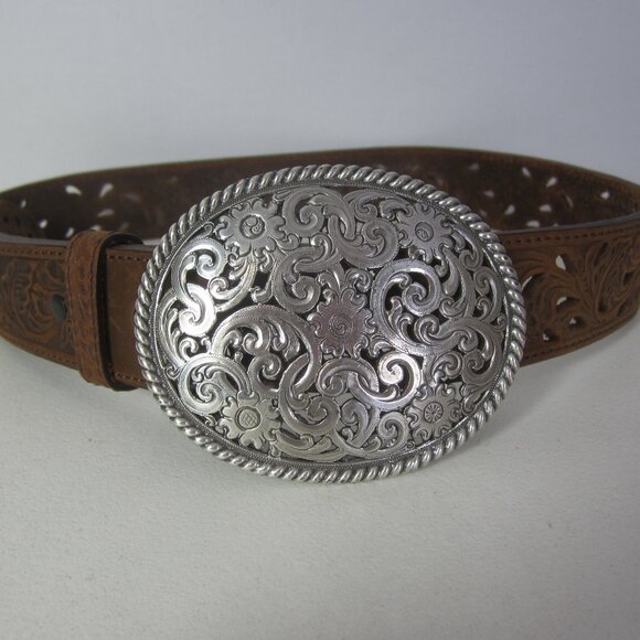 New Tony Lama Women 32 Brown Pierced Leather Filigree Belt Silvertone Buckle - Picture 1 of 12